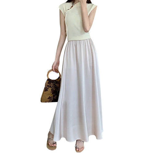 Load image into Gallery viewer, Spring Summer Women Black Beige Pleated Long Skirts Vintage Brown Elastic High Waist Vacation A-line Skirt Simplicity Streetwear
