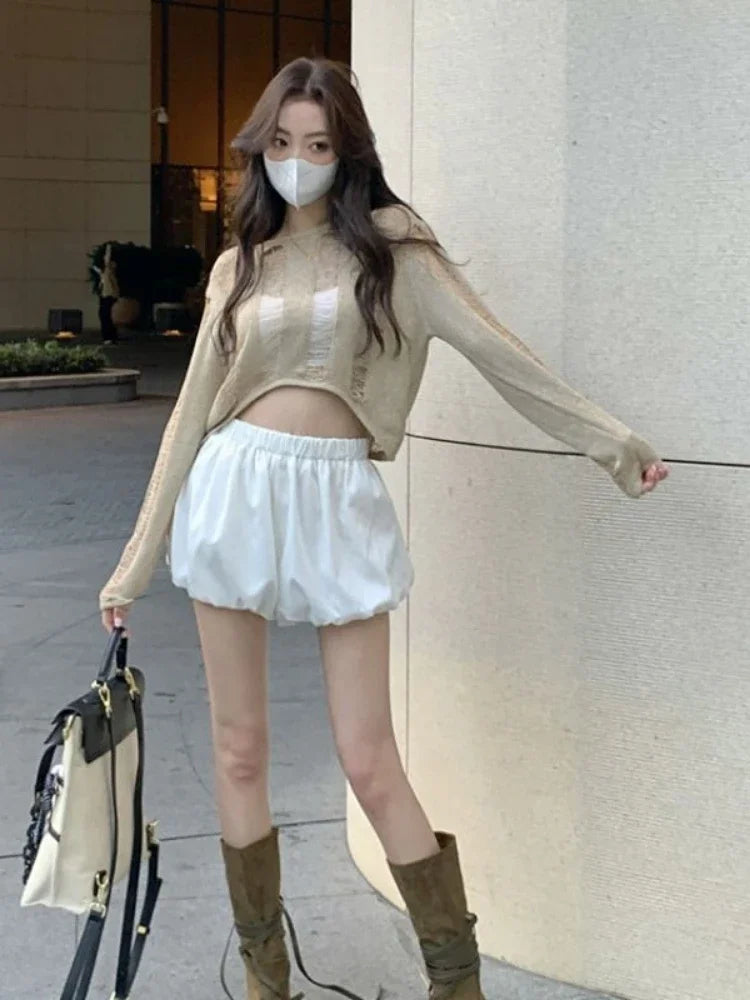 Y2K Holes Knitted Cardigans Two Side Wear Retro Harajuku Sexy Cropped Jumpers Women Full Sleeve Bandage Outwear Autumn Grunge