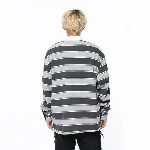 Load image into Gallery viewer, Trendy Men&#39;s Wear Long Sleeve T-shirt Lapel Pullover Autumn Academy Style Contrast Color Striped Men&#39;s Top 9C5182
