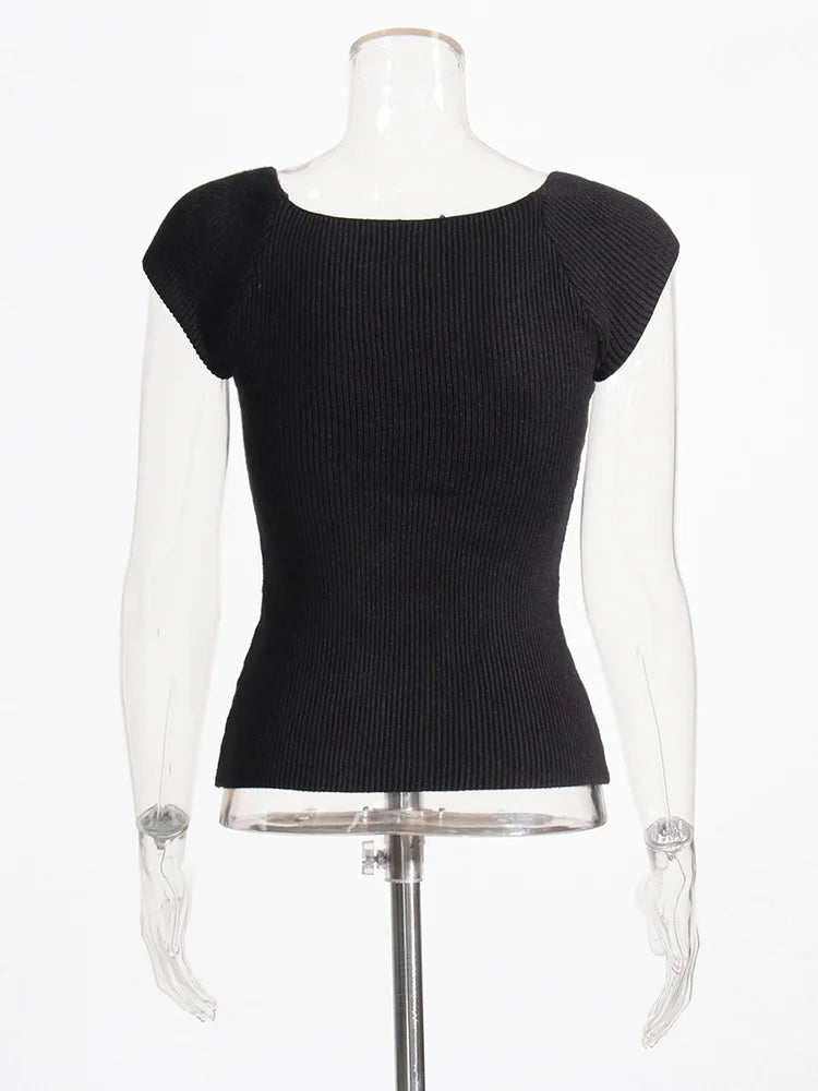 Solid Casual Knitting T Shirts For Women Square Collar Short Sleeve Minimalist Slimming T Shirt Female Fashion Clothing