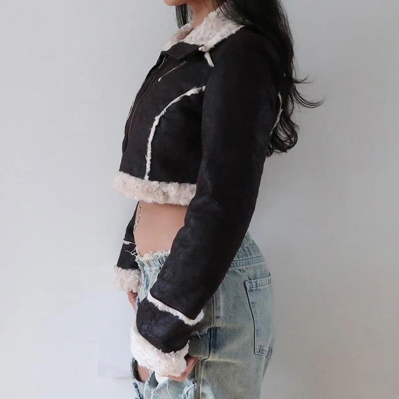 Contrast faux fur 2024 zip up crop tee