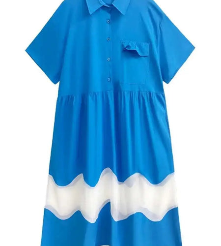 Women Blue Perspective Big Size Shirt Dress New Lapel Short Sleeve Loose Fit Fashion Tide Spring Summer 2025 1DF8791