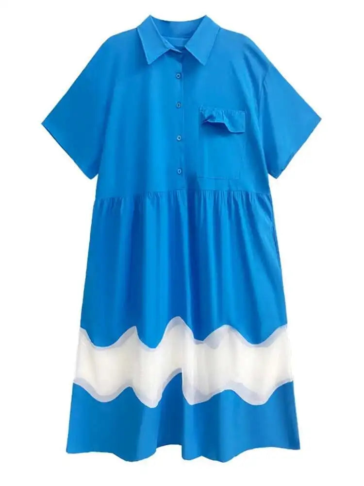 Women Blue Perspective Big Size Shirt Dress New Lapel Short Sleeve Loose Fit Fashion Tide Spring Summer 2025 1DF8791