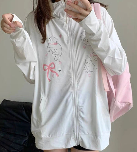 Japanese Kawaii Cute Cat Print Jackets Loose Y2k Casual Sun Protection Women's Tops Fashion Preppy Sweet Hooded Coats All Match