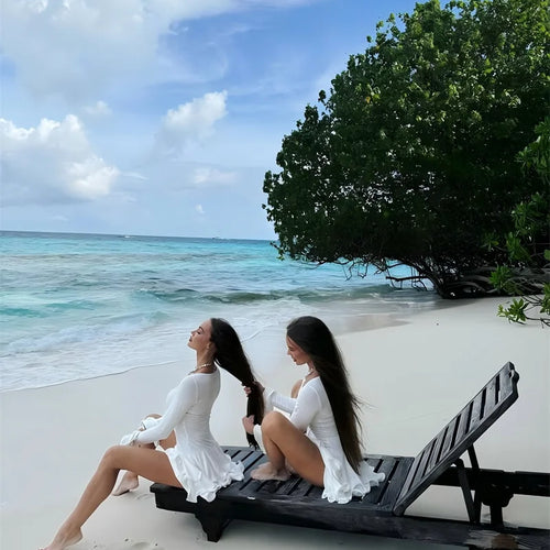 Load image into Gallery viewer, Flare Sleeve Ruffle Sexy Mini Dress Women Robe Irregular Single-breasted V Neck High Waist Slim A-line Club Dress
