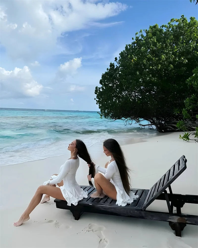 Flare Sleeve Ruffle Sexy Mini Dress Women Robe Irregular Single-breasted V Neck High Waist Slim A-line Club Dress