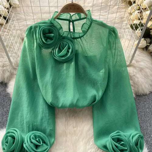 Load image into Gallery viewer, Vintage French Style Solid Elegant 3d Floral Blouses Autumn Women's Vintage Long Sleeve Shirts Holiday Ruffles Tops Simplicity
