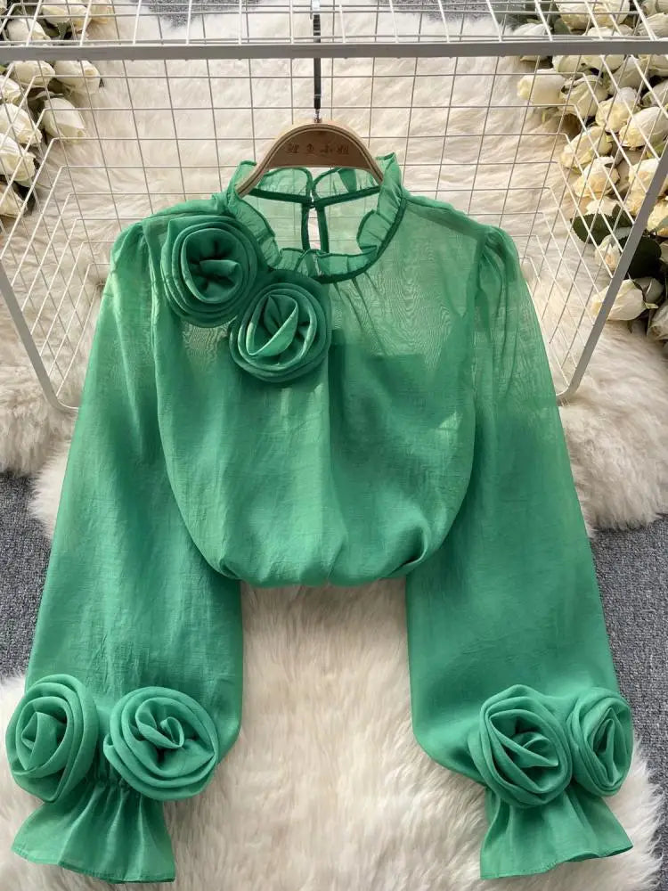 Vintage French Style Solid Elegant 3d Floral Blouses Autumn Women's Vintage Long Sleeve Shirts Holiday Ruffles Tops Simplicity