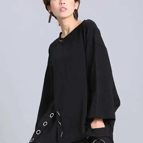 Load image into Gallery viewer, Spring Summer  Black Full Sleeve O Collar Split Pullover Personality Women Fashion Tide Loose Casual T-shirt OA881
