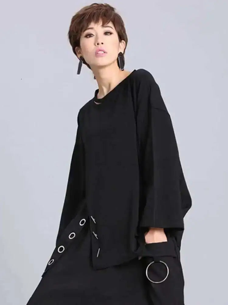 Spring Summer  Black Full Sleeve O Collar Split Pullover Personality Women Fashion Tide Loose Casual T-shirt OA881