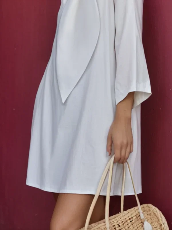 Summer Cotton Tie Neck Mini Dress for Women 2025 New Elegant Three-quarter Sleeves Simple Shirt Dresses Outfits Woman