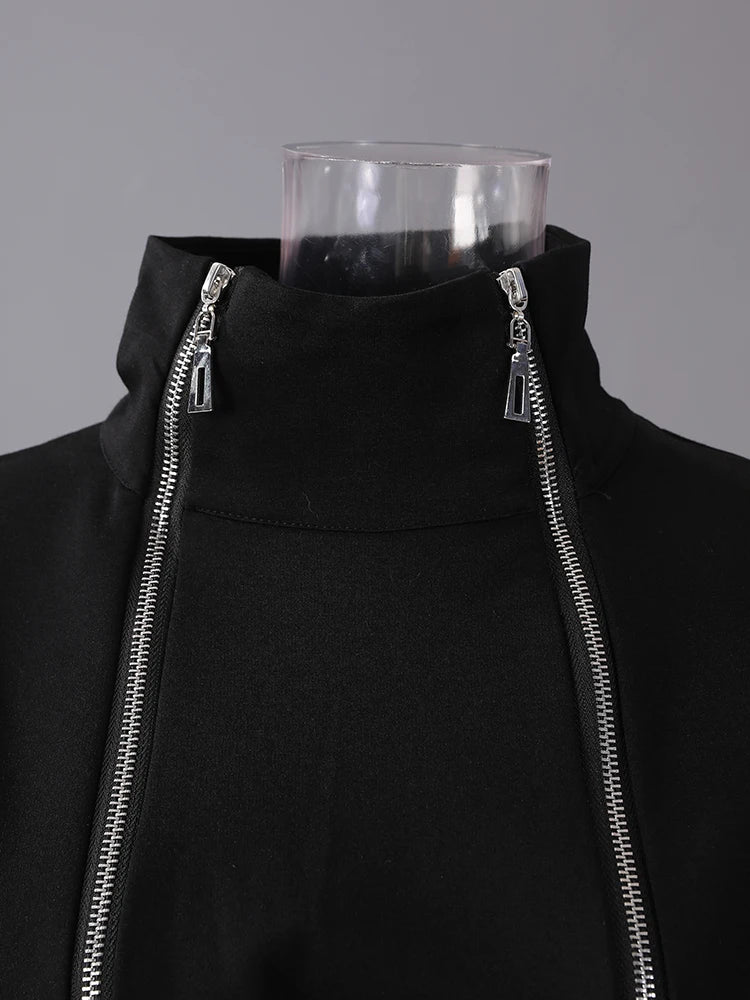 Women Black Zipper Irregular Hem Slit Midi Dress New Turtleneck Long Sleeve Fashion Tide Spring Autumn 2025 1DH9354