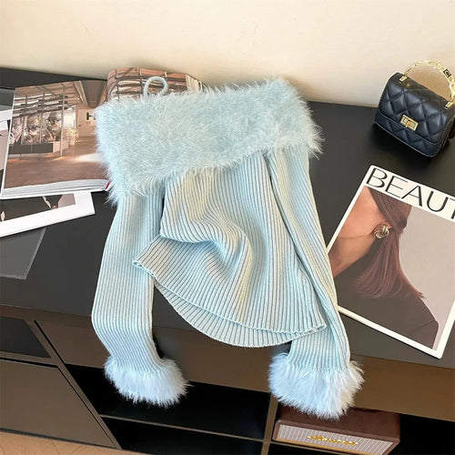 Load image into Gallery viewer, Autumn Winter Beige Blue Elegant Plush Neck Off Shoulder Short Knitted Sweater Korean Women's Brown Long Sleeved Pullover Tops
