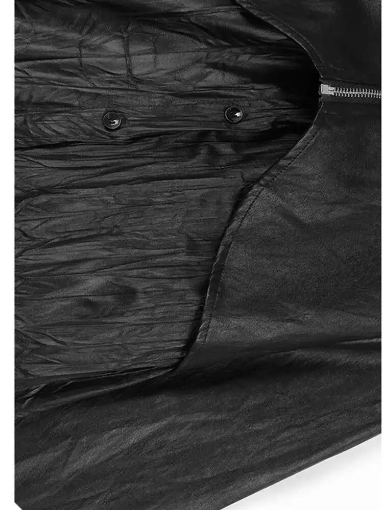 Women Black Pu Leather Pleated Big Size Mini Shirt Dress New Lapel Long Sleeve Fashion Tide Spring Autumn 2025 1DH7337