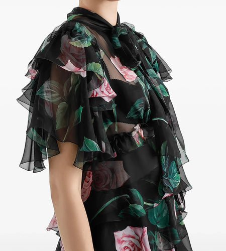 Hit Color Sheer Printing Elegant Dresses for Women Round Neck Short Sleeves Patchwork Ruffles Folds Dress Female