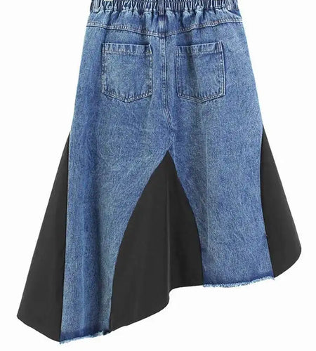 High Elastic Waist Black Denim Color-block Irregular Half-body Skirt Women Fashion Tide New Spring Autumn 2025 1DJ0125