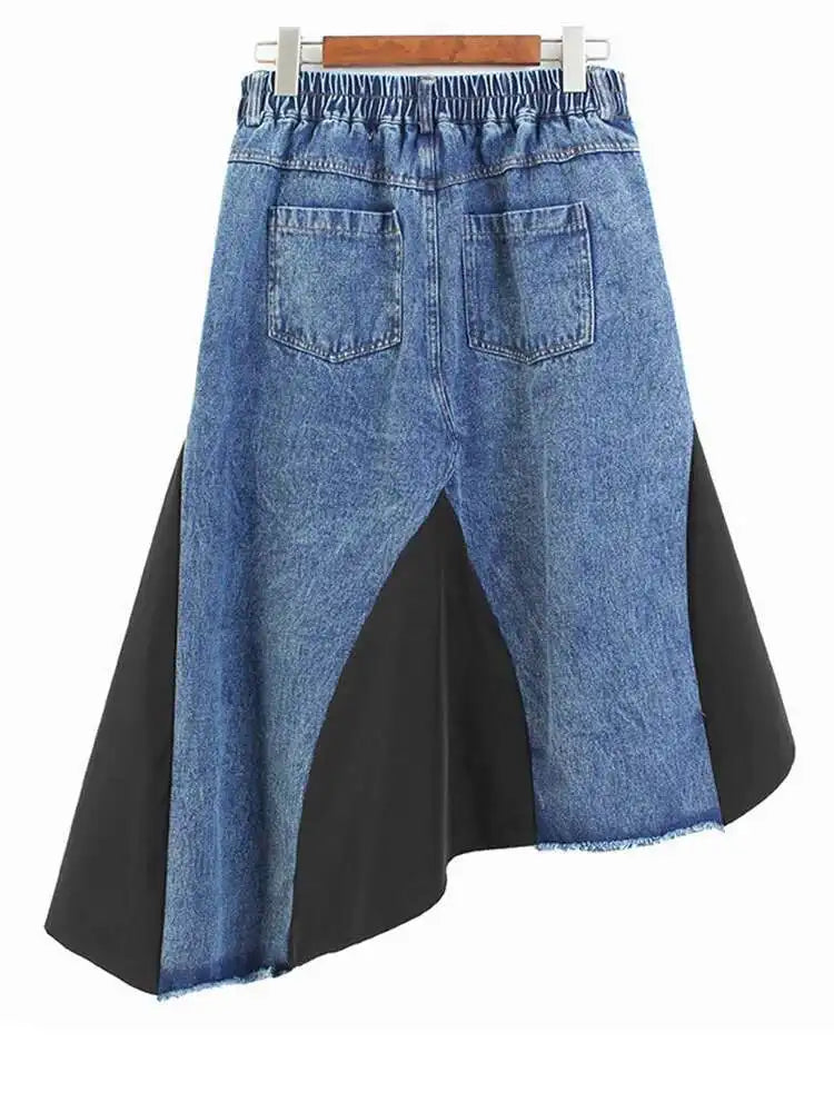 High Elastic Waist Black Denim Color-block Irregular Half-body Skirt Women Fashion Tide New Spring Autumn 2025 1DJ0125