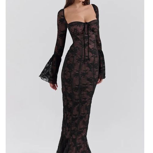 Load image into Gallery viewer, Elegant Long Sleeve Mesh Patchwork Lace Print Dress Women Sexy Bodycon Maxi Vestido Autumn/Winter Party Evening Dress
