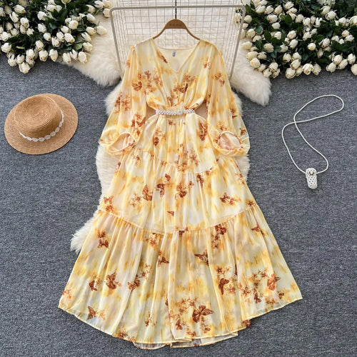 Load image into Gallery viewer, French Women Vintage Sweet Printed Birthday Evening Party Long Dresses Autumn New V Neck  Lantern Sleeves Pleated Dress Bohemian
