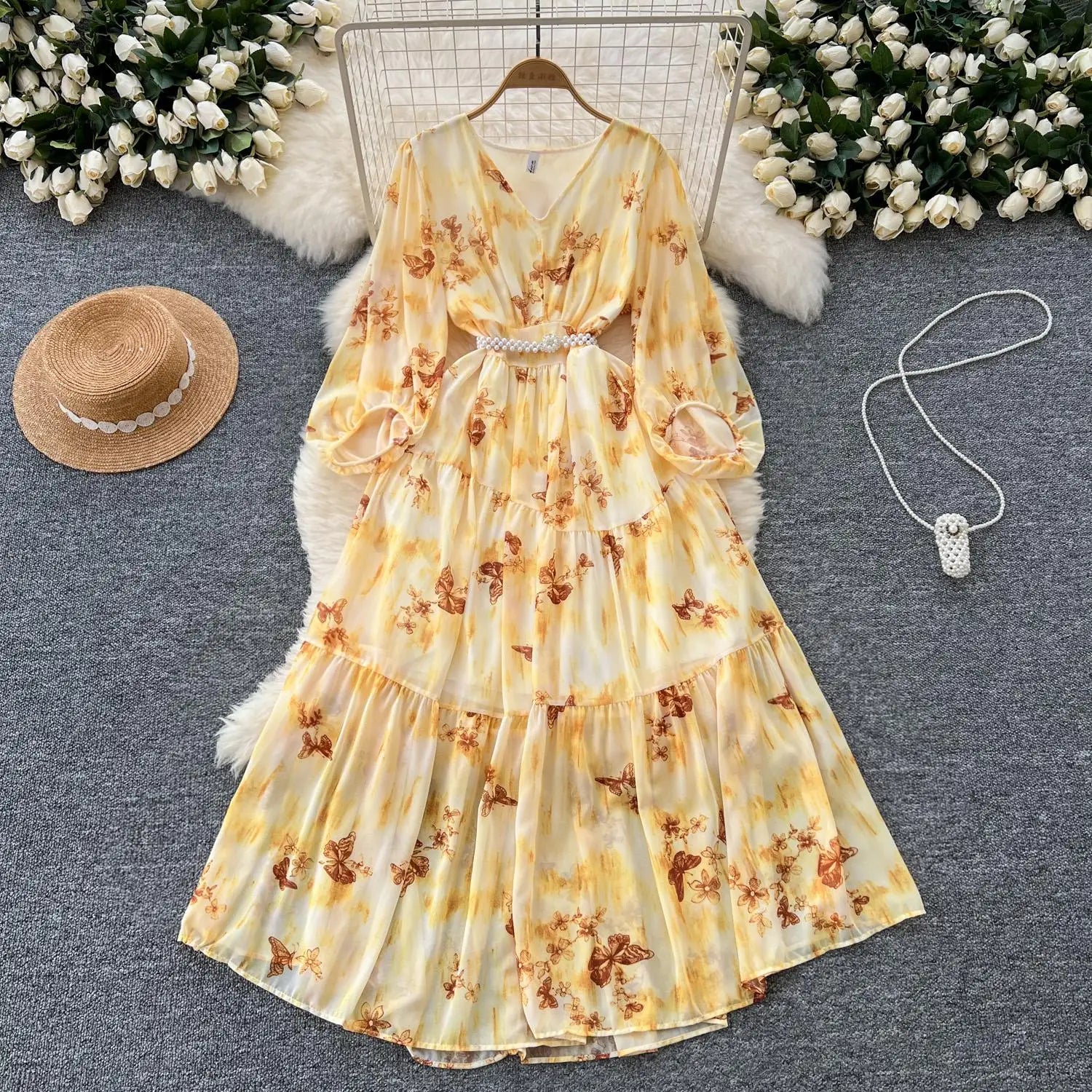 French Women Vintage Sweet Printed Birthday Evening Party Long Dresses Autumn New V Neck  Lantern Sleeves Pleated Dress Bohemian