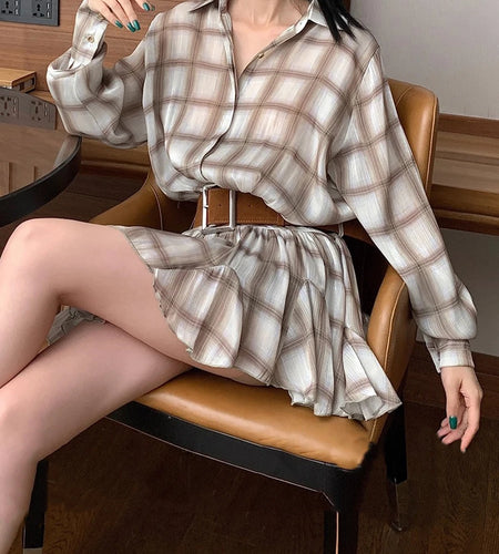 Hit Color Spliced Plaid Casual Mini Dresses for Women Lapel Long Sleeves Patchwork Folds Fashion Dress Female New