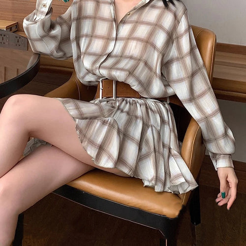 Load image into Gallery viewer, Hit Color Spliced Plaid Casual Mini Dresses for Women Lapel Long Sleeves Patchwork Folds Fashion Dress Female New
