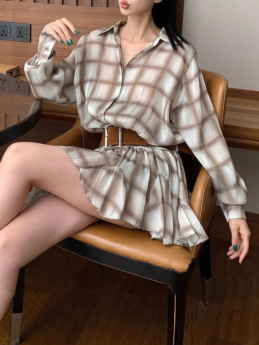 Hit Color Spliced Plaid Casual Mini Dresses for Women Lapel Long Sleeves Patchwork Folds Fashion Dress Female New