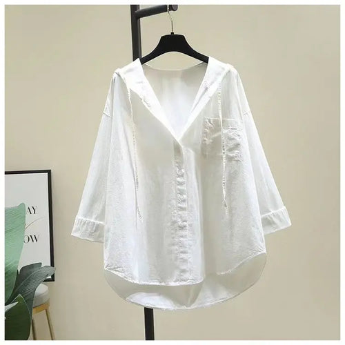 Load image into Gallery viewer, Fashion Women Shirts And Blouses 2023 Feminine Blouse Top Long Sleeve Casual White Hooded Collar Women Loose Blouses
