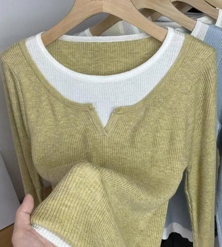 Autumn Winter Women's Patchwork Long Sleeved Pullover Sweater French Casual Round Neck Holiday Knitwear Tops 2024 New Streetwear