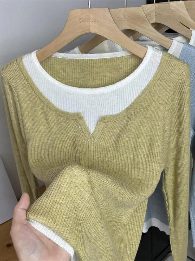 Autumn Winter Women's Patchwork Long Sleeved Pullover Sweater French Casual Round Neck Holiday Knitwear Tops 2024 New Streetwear