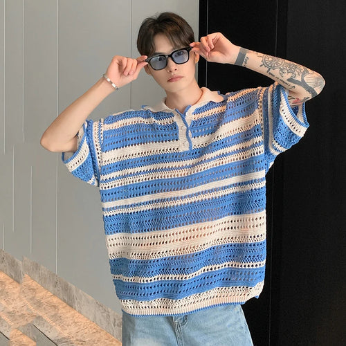 Load image into Gallery viewer, Loose Korean Style Men&#39;s Short Sleeve T-shirt Knittting Contrast Color Male Lapel Casual Men Wear Stripe Top Summer
