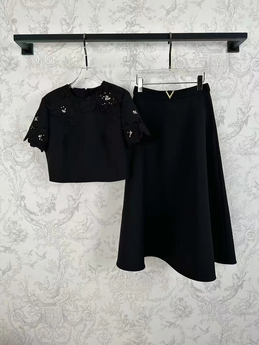 Solid Two Piece Set For Women O Neck Short Sleeve T Shirt High Waist Temperament Skirt Elegant Sets Female Style