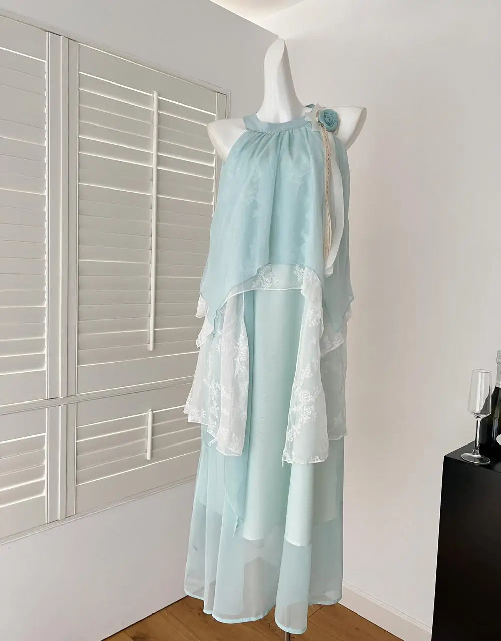 Summer French Vintage Blue Patchwork Lace Elegant Party Dress Women Round Neck Sleeveless Ruffle Edge Off Shoulder Pleated Dress