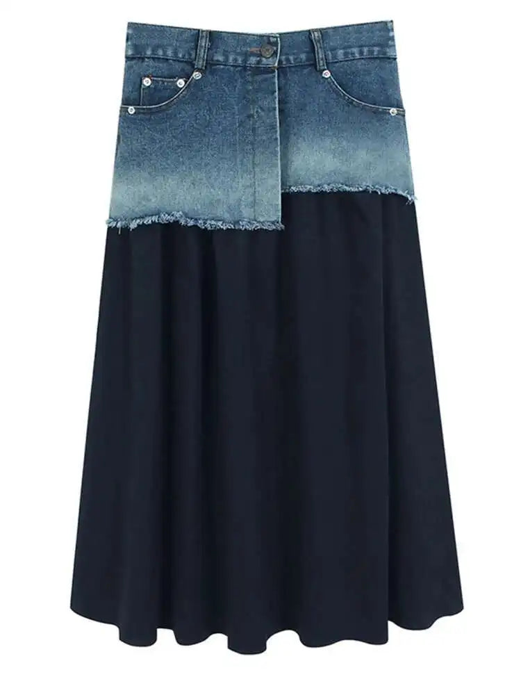 High Waist Khaki Denim Pleated Burr Color-block Midi Half-body Skirt Women Fashion Tide New Spring Autumn 2025 1DH5784
