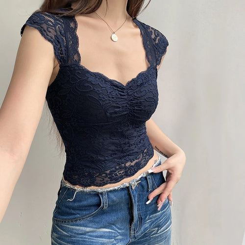 Load image into Gallery viewer, Vinage Square Neck Skinny Lace T-shirts Women Folds Fashion Chic Summer Cropped Top Tee Transparent Party Elegant New

