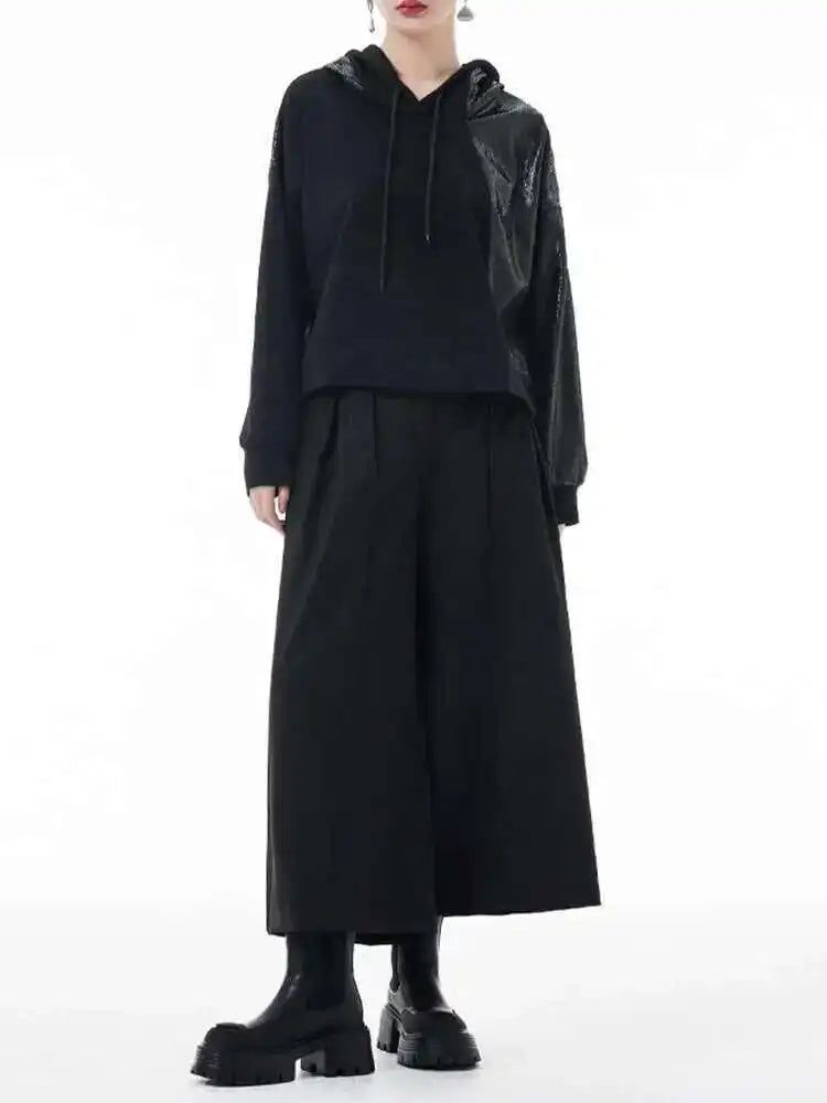 Black Spliced Casual Cool Sweatshirt New Hooded Long Sleeve Women Big Size Fashion Tide Spring Autumn 2025 1DH3873