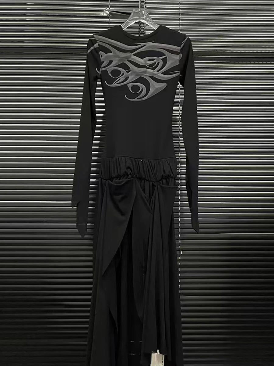 Hit Color Loose Dresses For Women O Neck Long Sleeve High Waist Temperament Long Dress Female Fashion Style Clothes