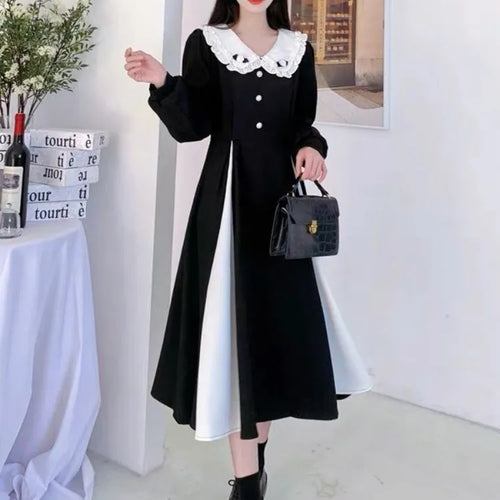 Load image into Gallery viewer, Autumn Black Kawaii Midi Dress Women 2023 Preppy Style School Student Peter Pan Collar Party Dresses Vintage
