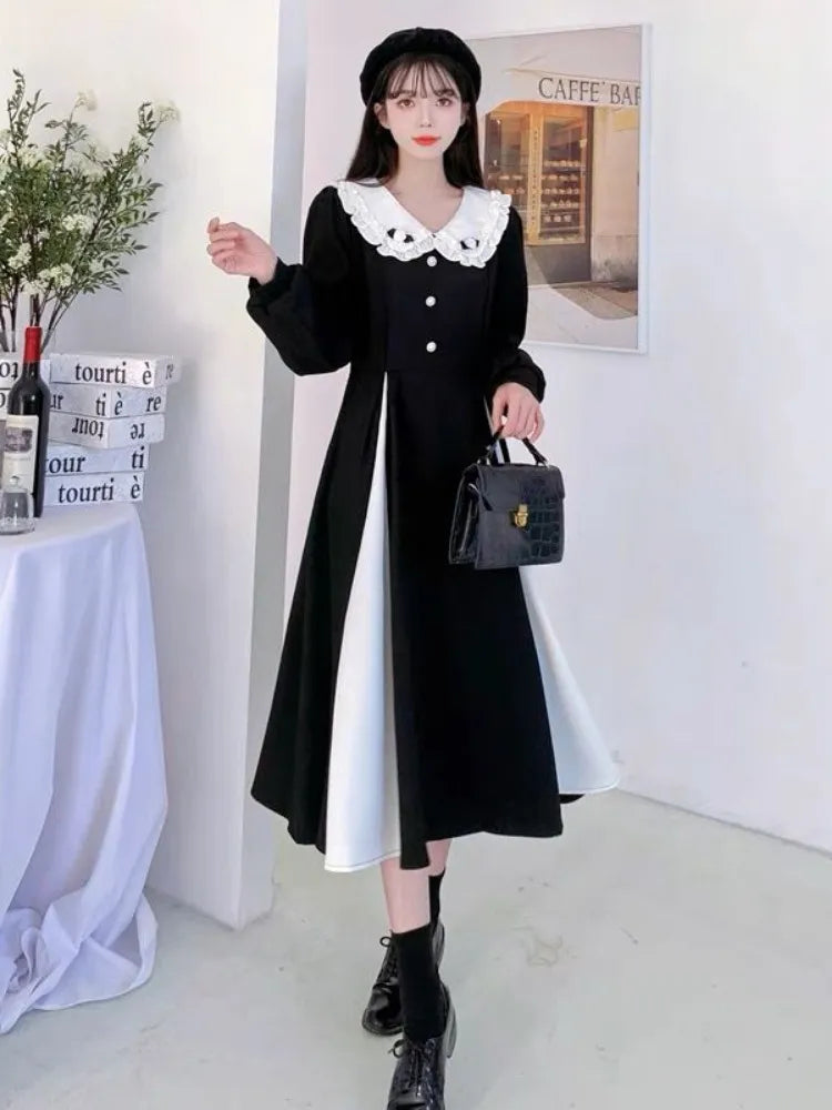 Autumn Black Kawaii Midi Dress Women 2023 Preppy Style School Student Peter Pan Collar Party Dresses Vintage