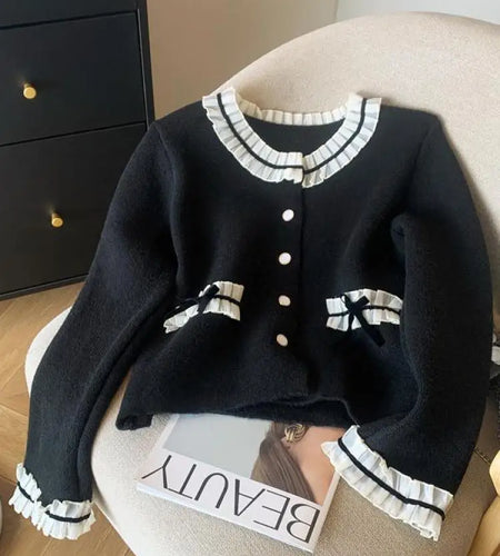 2024 Autumn Winter New Fashion Vintage Sweet Bow Top Women French Ruffles Round Neck Patchwork Temperament Cardigan Sweater Coat