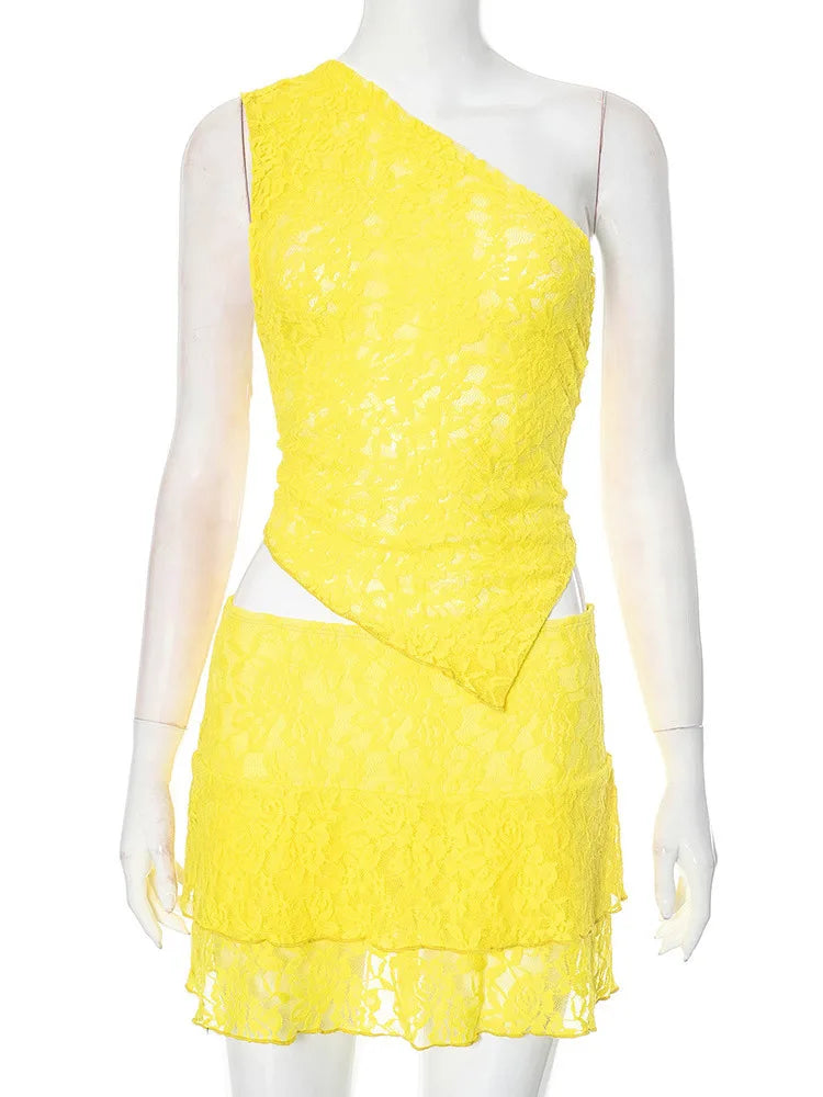 Sexy Slim Fit Women's  Two-piece Set Patchwork Irregular Lace Top And Fashion Short Skirt Two-piece Set Ladies Outfits