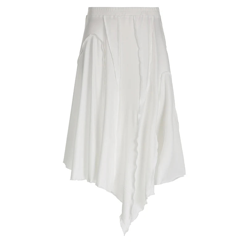 Chic White Low Waist Loose Summer Midi Skirt Female Boho Vacation Irregular Hem Skirts Stitching Street Style Outfits