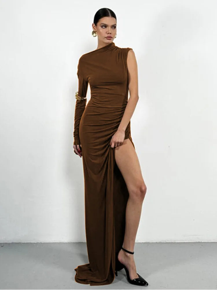 Elegant Single Sleeve High Elasticity Tight Fold Dress Women New 2025 Winter Party Club Evening Dress Bodycon Vestdos