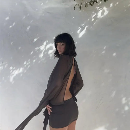 Load image into Gallery viewer, Mesh See Through Sexy Mini Dress For Women Black Sheer Mesh Deep V Neck Long Sleeve Backless Draped Ruched Dress
