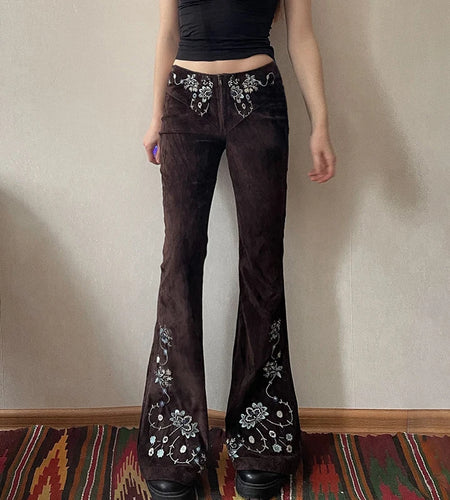 Vintage Chic Flower Embroidery Flared Jeans Women Low Waist Zipper-Fly Denim Trousers All Match Streetwear Bottom New