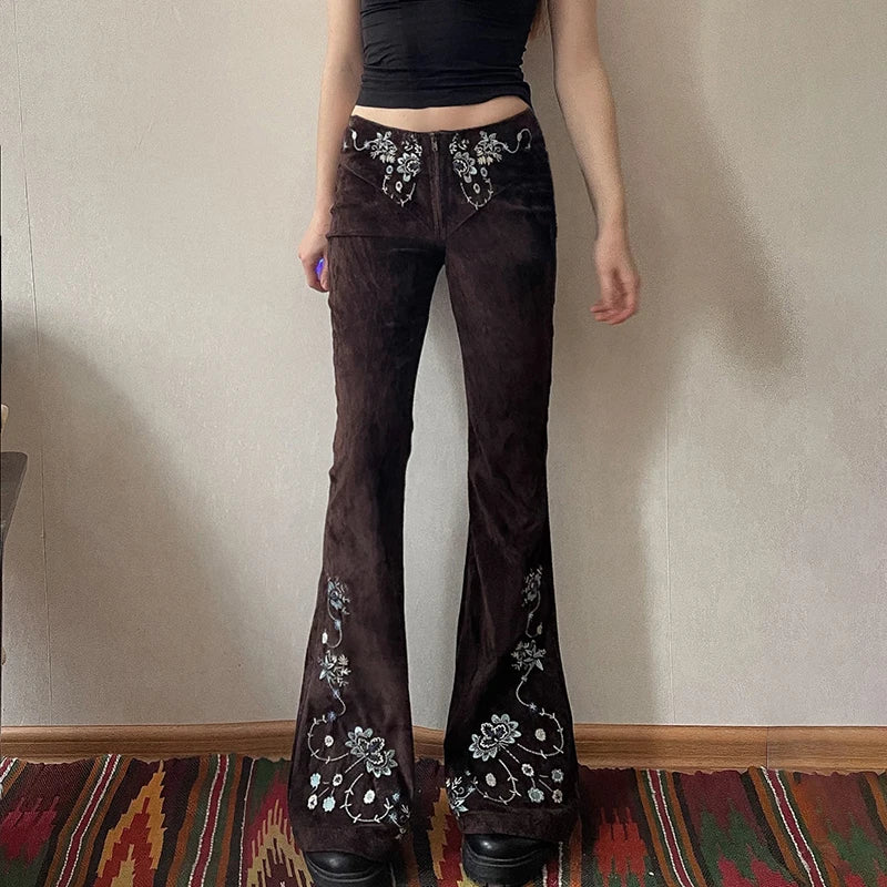 Vintage Chic Flower Embroidery Flared Jeans Women Low Waist Zipper-Fly Denim Trousers All Match Streetwear Bottom New