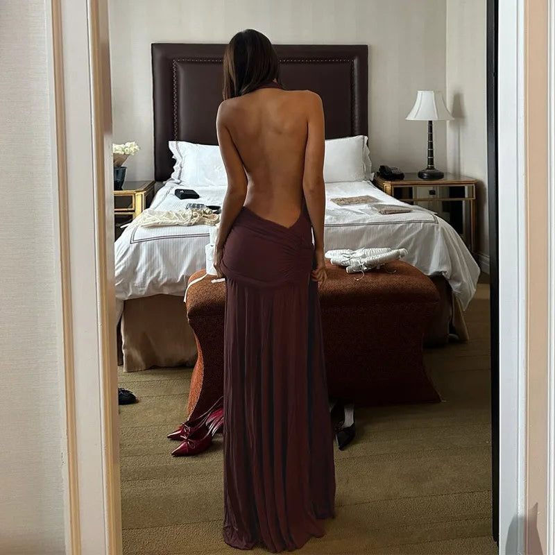 Halter Deep V Neck Sexy Maxi Dress For Women Gown Sleeveless Backless Thigh High Split Ruched Bodycon Long Dress