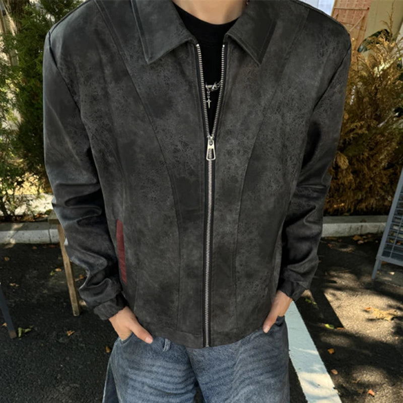 High Street Men's PU Leather Jackets Turn-down Collar Zipper Explosion Crack Design Loose Contrast Color Male Coats 9C9076