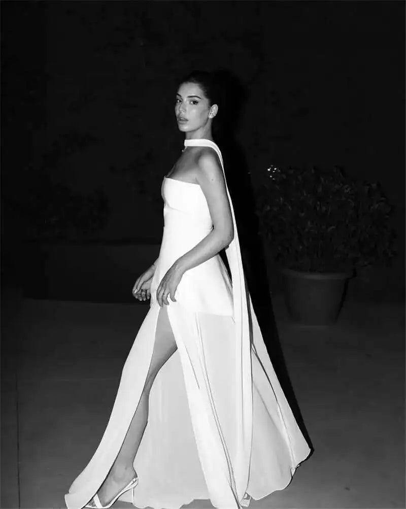 Elegant Strapless Sexy Maxi Dress For Women Gown With Scarf Off-shoulder Sleeveless Backless Split Beach Long Dress