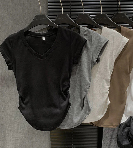 Summer Solid V Neck Pullover Irregular Pleated T Shirt Women Short Sleeved Holiday Tops 2024 Korean Fashion Simplicity Clothing